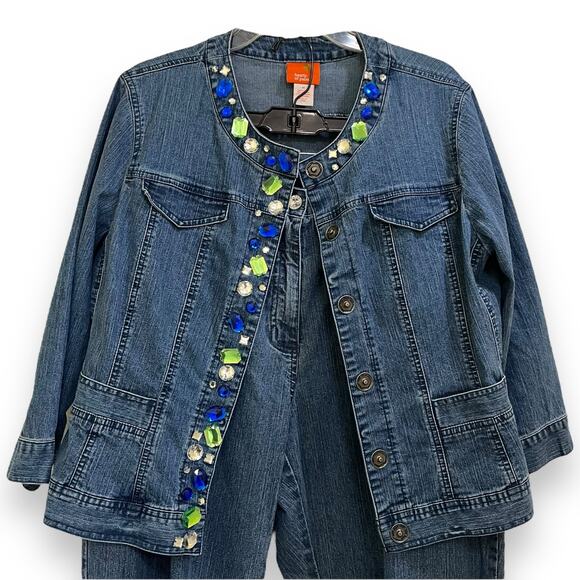 80s 90s Vintage Hearts of Palm rhinestone embellished denim jean suit - Picture 10 of 13